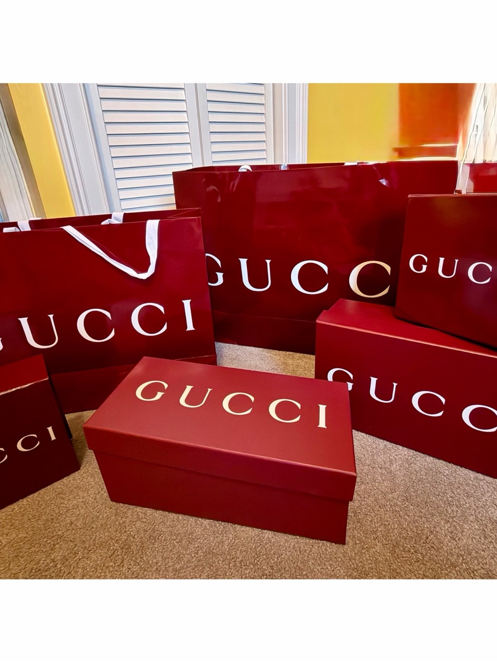 Gucci Red Logo Shoe Boxes and Shopping Bags